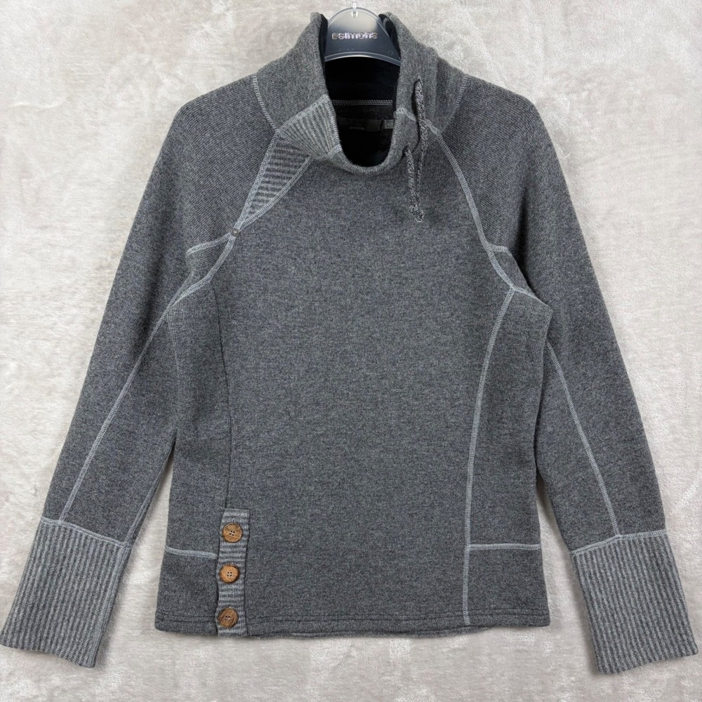 Prana Lucia Womens L Gray Wool Blend Mock Neck Button Hem Pullover Sweater